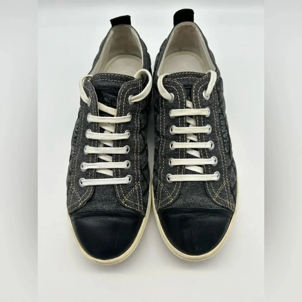 Chanel quilted denim leather lined low top sneakers shoes authentic 38